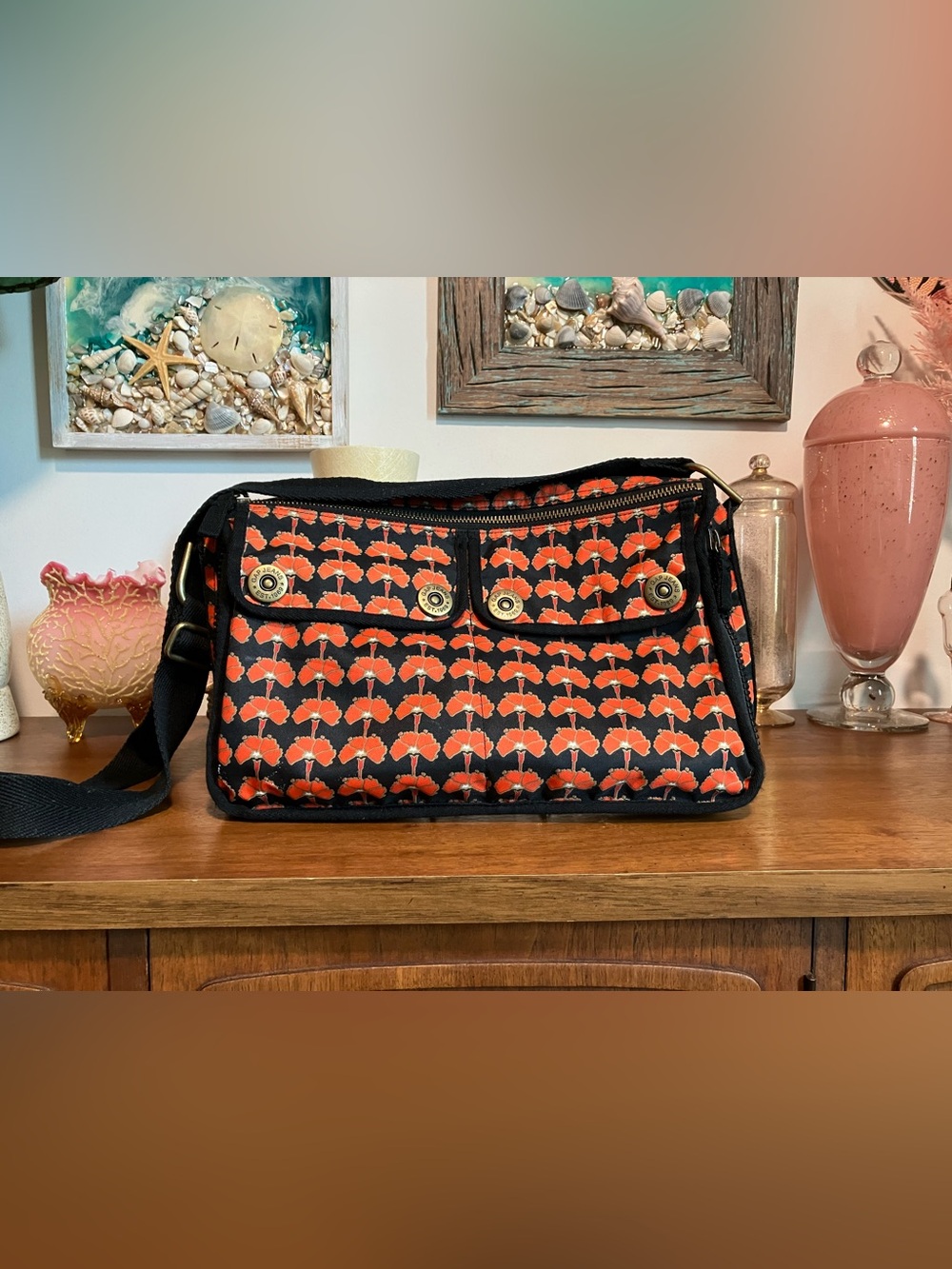 Vintage Gap Black Crossbody with Orange / Red Floral Print